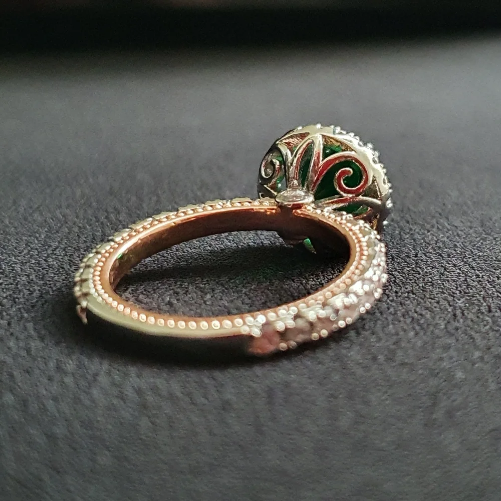 Designer Silver&Rose Gold Round Green Diamond Ring - Picture 3 of 6